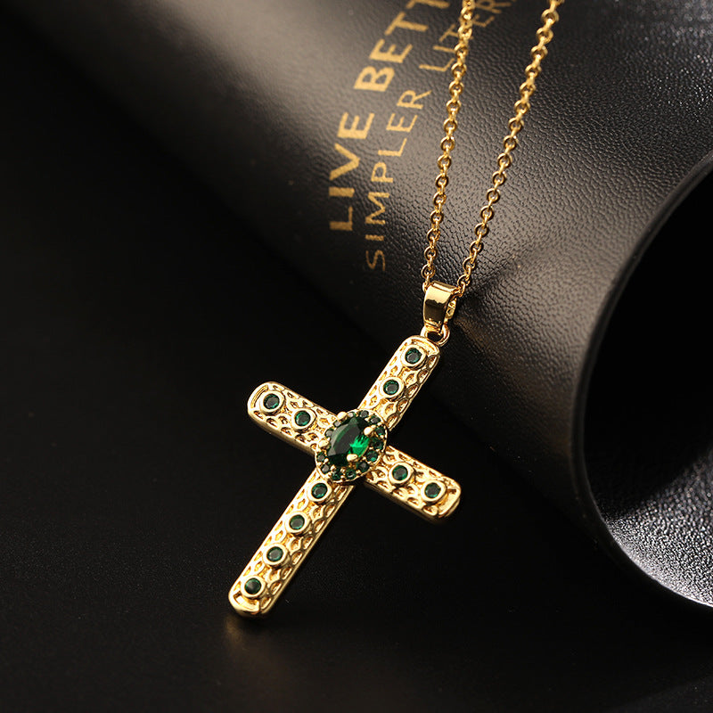 INS Vintage Gold Cross Necklace Personalized Pendant Zircon European and American Style Necklace Special-Interest Design Titanium Steel Clavicle Chain