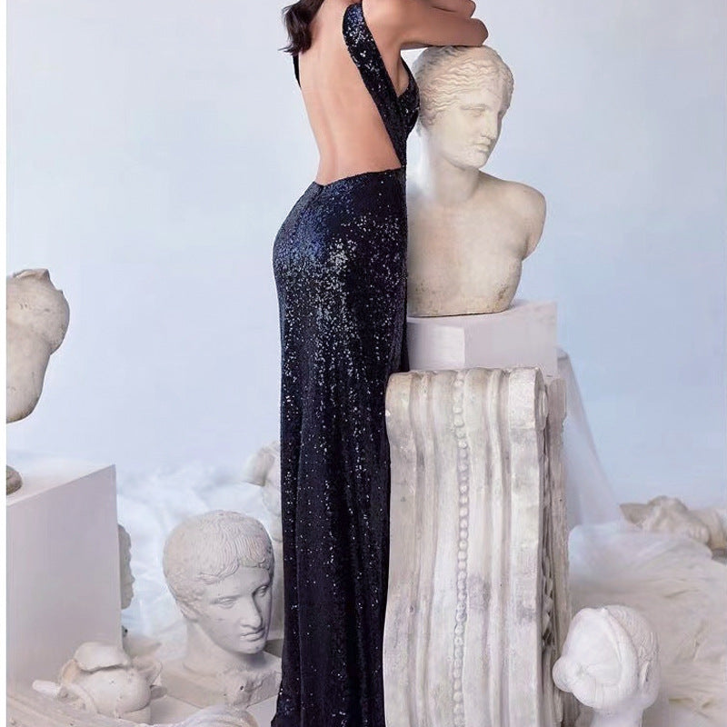 2025 New spring sexy party beads irregular temperament evening dress women's Popularan, 2025n neck dress