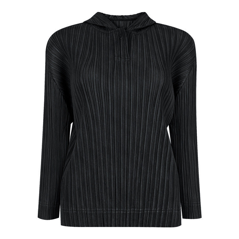 spring new solid color basic pleated t-shirt long-sleeved casual top design sense Korean version hooded sweater women