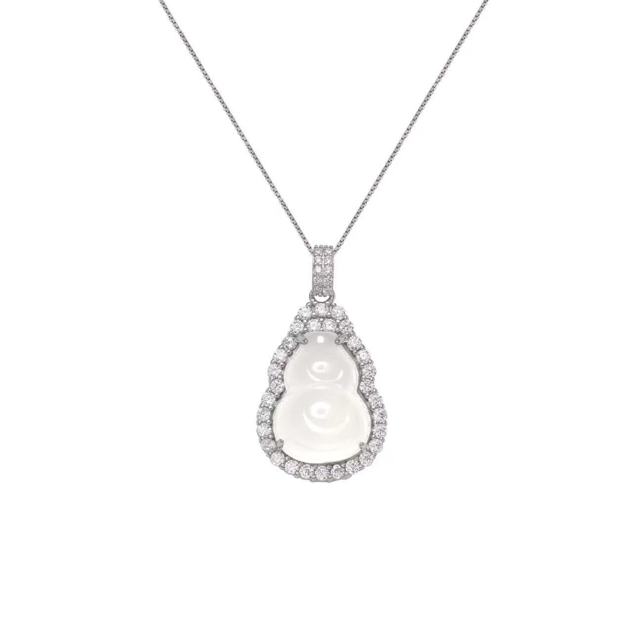 S925 Sterling Silver High Ice Chalcedony Gourd Necklace National Fashion Necklace Ornament Fu Green Gourd White Ice Transparent Jade Fashion Elegant