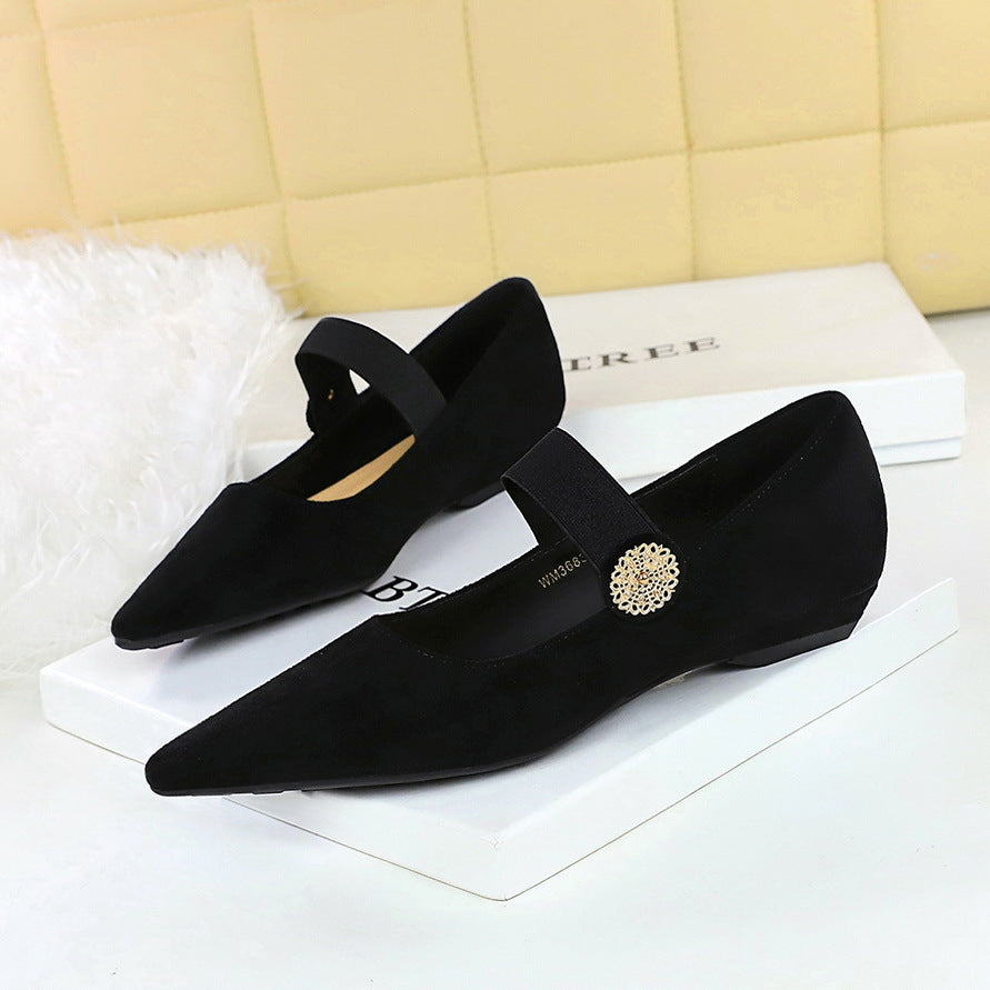 VAKKV 2025 3683-2K92 Korean version low heel wedge heel versatile suede light mouth metal decorative elastic band one word belt single shoes women