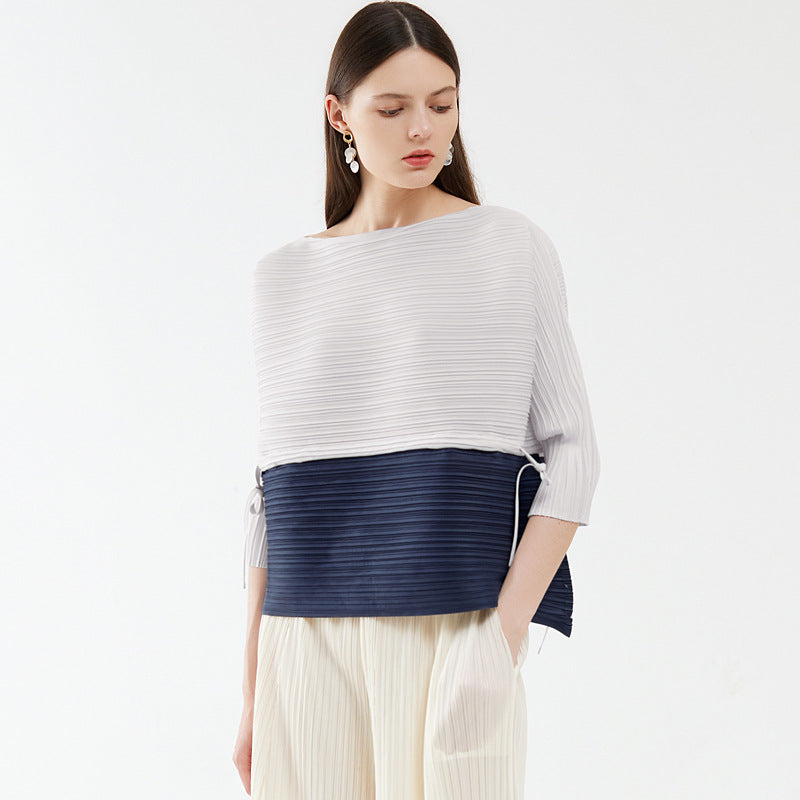 High-end splicing drawstring top, new spring spring loose contrasting color T-shirt, niche design women's clothing