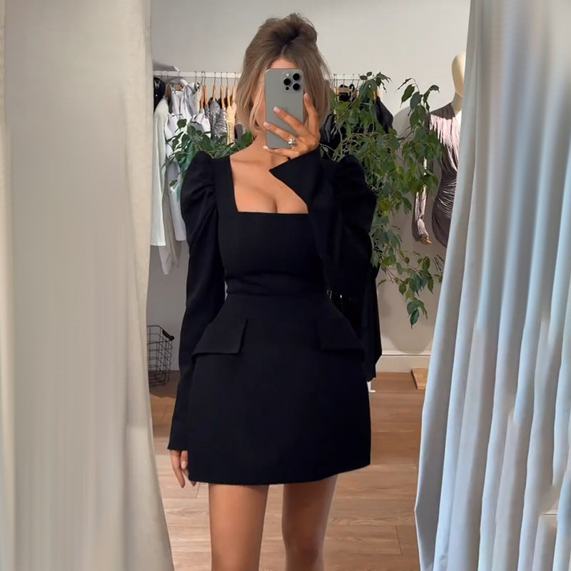 VAKKV 2025 Autumn and winter popular style women's clothing new fashion temperament elegant slim square neck long sleeve short dress women