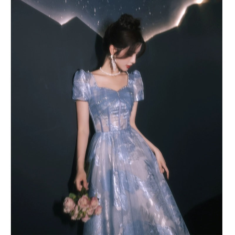 Blue banquet evening dress 2024 new French luxury niche high-end temperament adult ceremony senior sense host