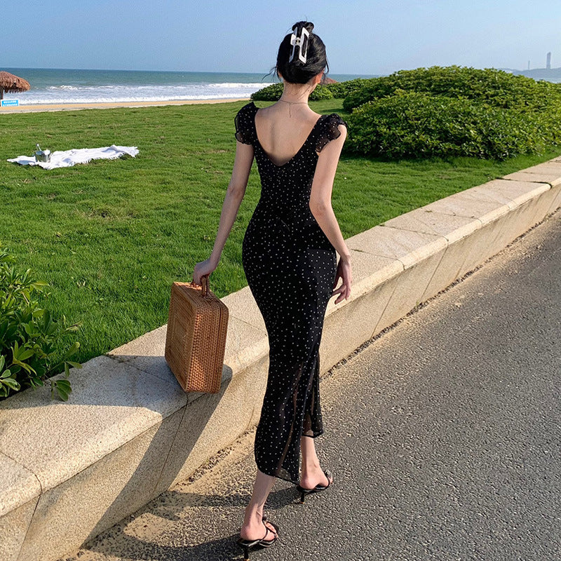 2025 Polka dot print black suspender dress summer slim chiffon waist ruffle edge halter sexy sleeveless long dress