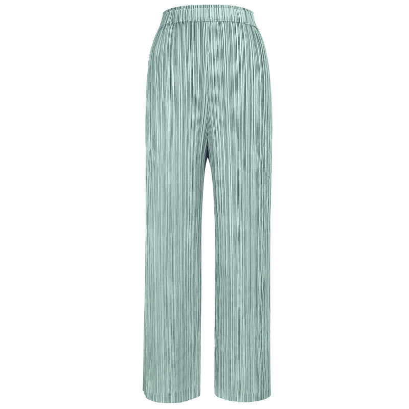 Spring and summer temperament two-piece women's suit new women's crew neck top long-sleeved pleated casual pants two-piece set
