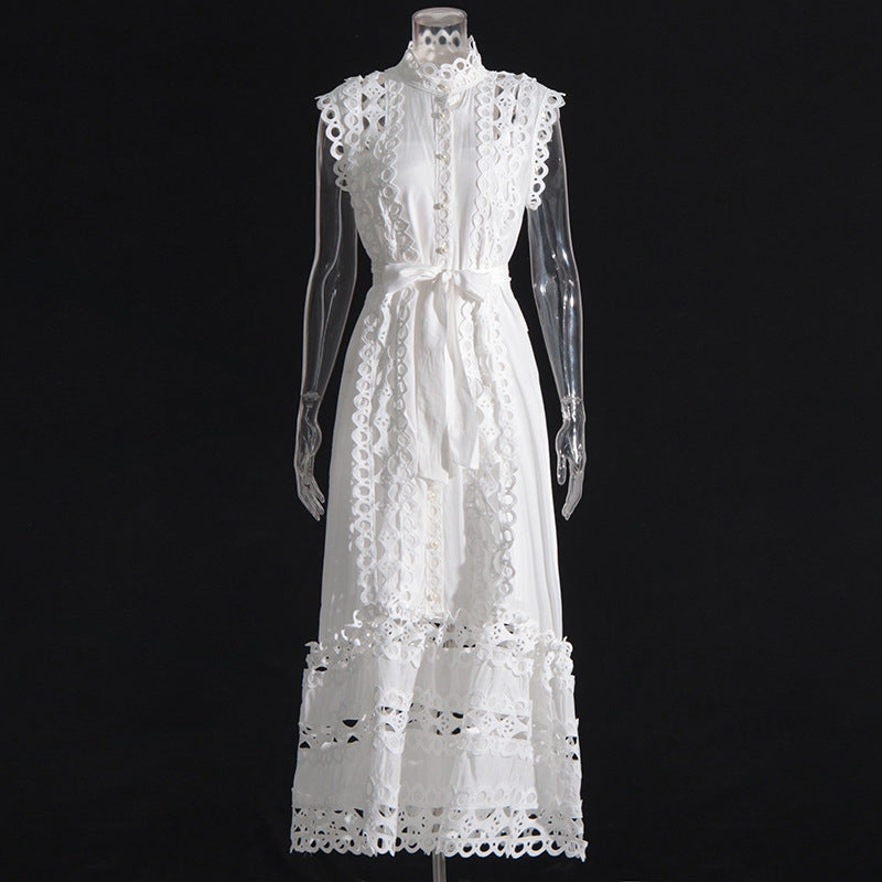 Style Retro Minority Design Spring round Neck Sleeveless Hollow out See-through Design Solid Color Long Dress Women's