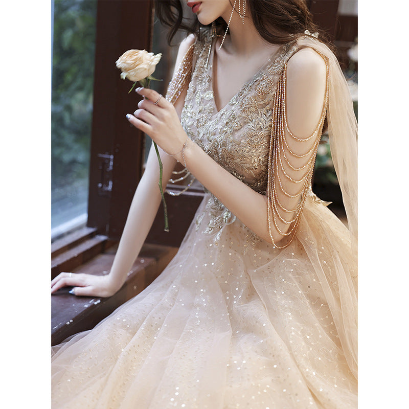 Champagne Evening Dress for Women New Summer Art Exam Temperamental Tassels Host Annual Party Banquet Dress in Stock