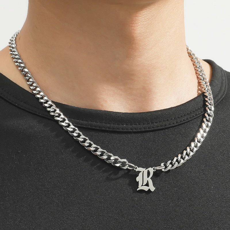 Cross-Border Hot Selling Stainless Steel English Letter Pendant Necklace Ins Cuban Necklace Hip Hop Street Trend New Product
