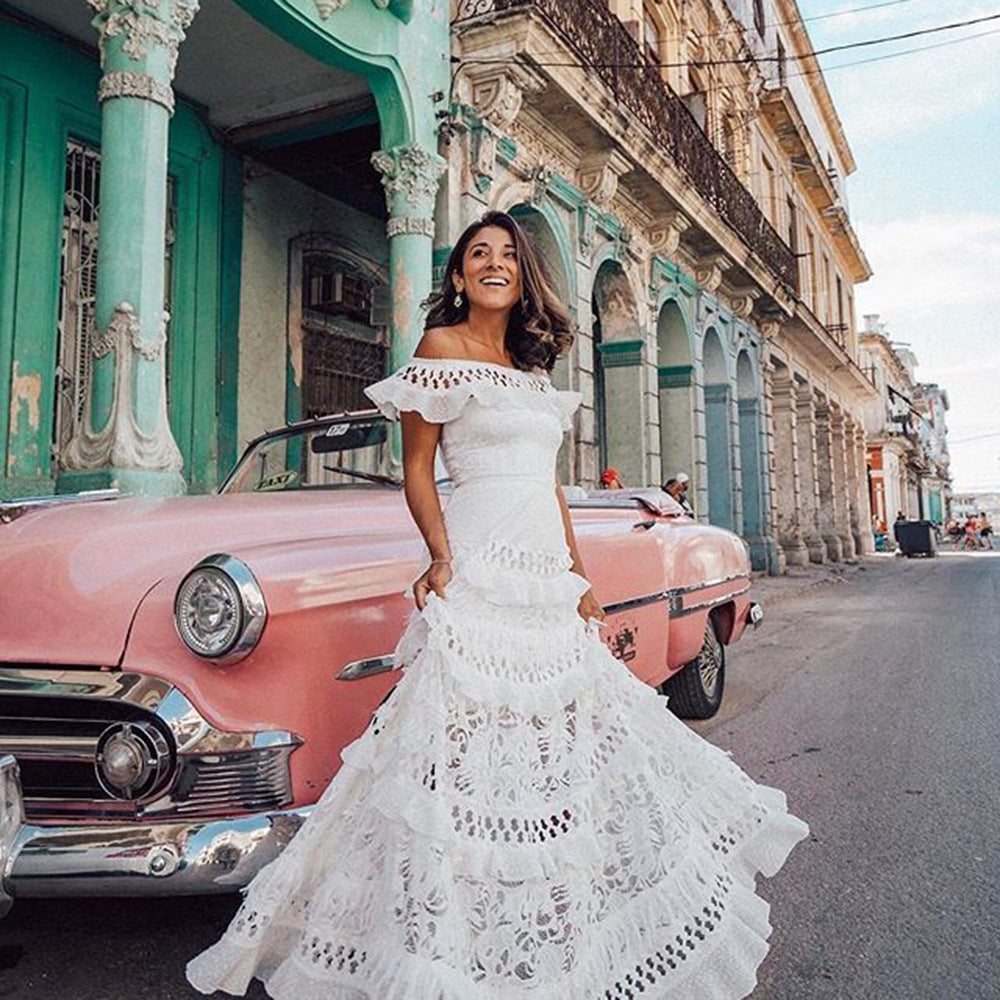 VAKKV Cross-Border Summer New European and American Foreign Trade Women's Clothing off-Shoulder Ruffled Hollow-out Wide Hem Lace Dress Dress