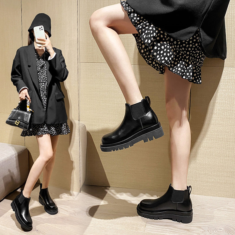 2025 Cowhide version~ New inner height-increasing Martin boots women's British style velvet short tube thick-soled Chelsea short boots cigarette boots