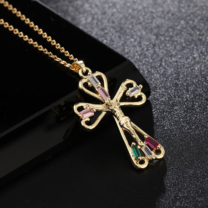 INS Vintage Gold Cross Necklace Personalized Pendant Zircon European and American Style Necklace Special-Interest Design Titanium Steel Clavicle Chain