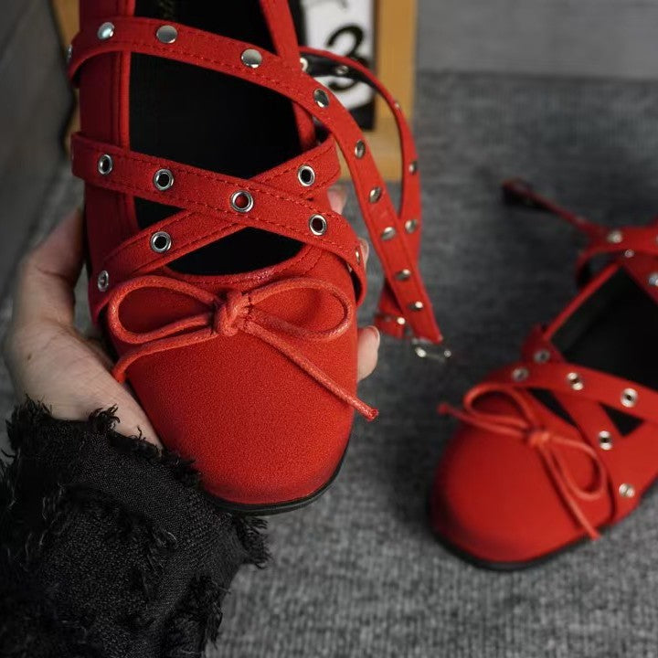 2025 Sheepskin version~ red bow small single shoes women's 2025 spring and summer leather retro shallow mouth rivet ballet flats