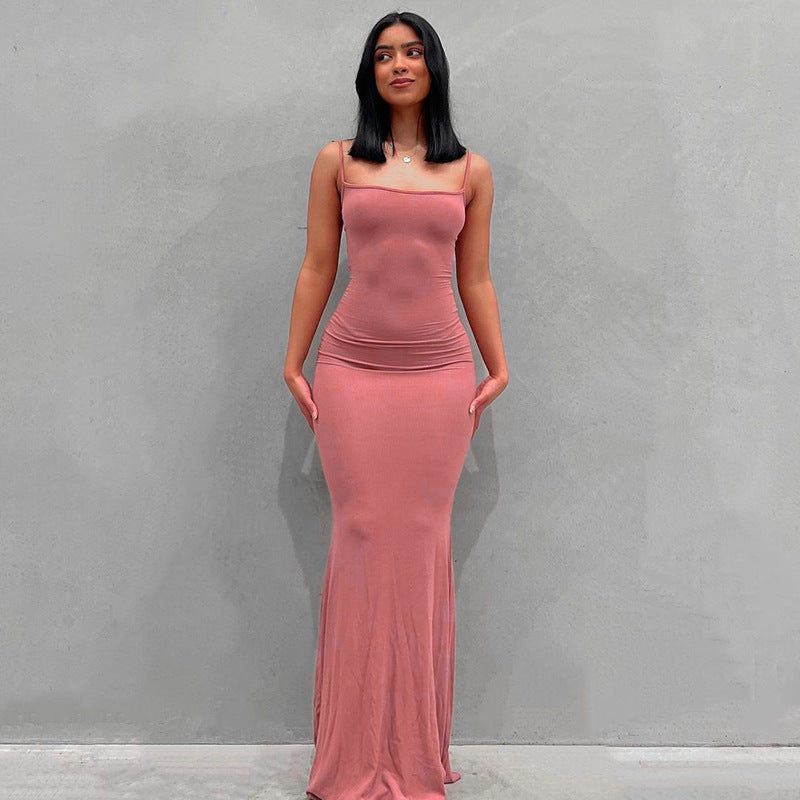European and American Hot Trade Women's Clothing New Kardashian Skims Solid Color Sexy Slim Peach Hip Sling Summer Dress