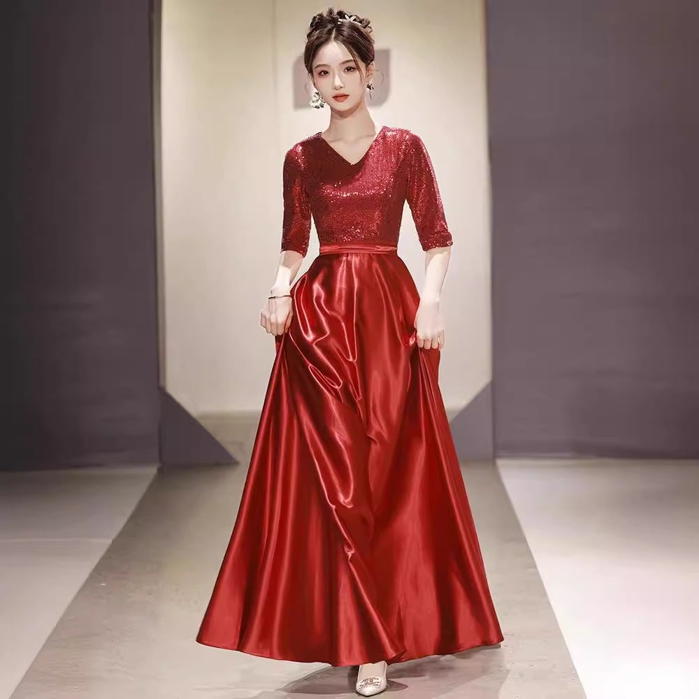 VAKKV Red Choir Long Dress Performance Costume Evening Dress Half Sleeve Adult Host Stage Competition Red Song Performance Costume