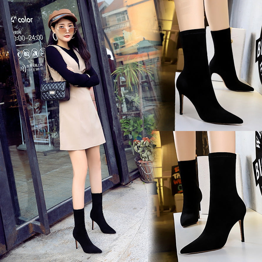 2025 315-8 style fashionable simple pedicure women's boots thin heel high heel suede pointed sexy nightclub thin short boots