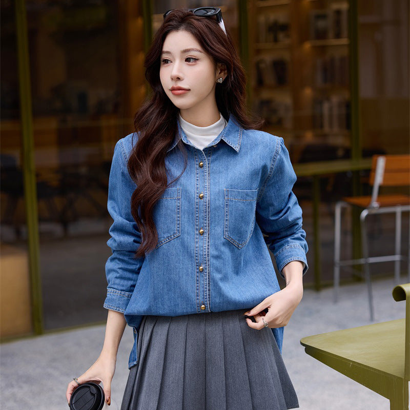 Retro Hong Kong style front shoulder denim shirt 2025 spring new design sense small long sleeve shirt stacked top