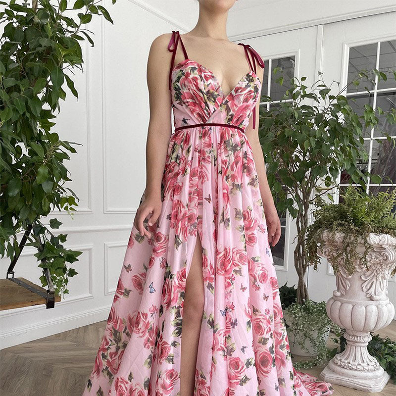 2025 new 2025 women's clothing retro printing long dress sexy suspender dress beach casual vacation dress