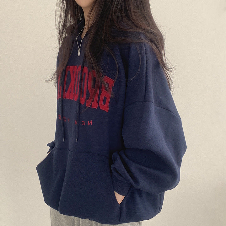 VAKKV Manufacturer wholesale hooded sweater women's Korean version of street temperament velvet casual versatile 2025n thin tide embroidery letter spring