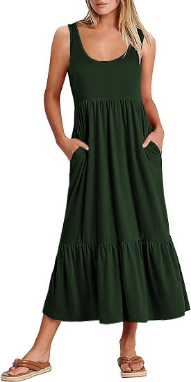 Cross Border Hot Summer Sleeveless Vest Dress Expansion Skirt Casual Elegant Layered Beach Pocket Dress for Women