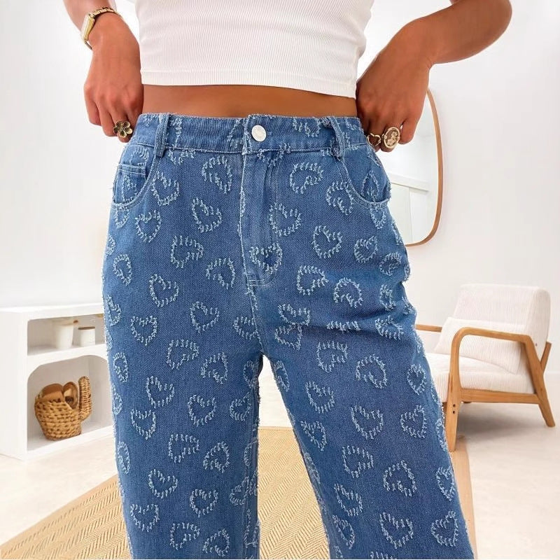 VAKKV cross-border Europe, America and 2025 spring new love crochet jeans women's casual washing straight trousers