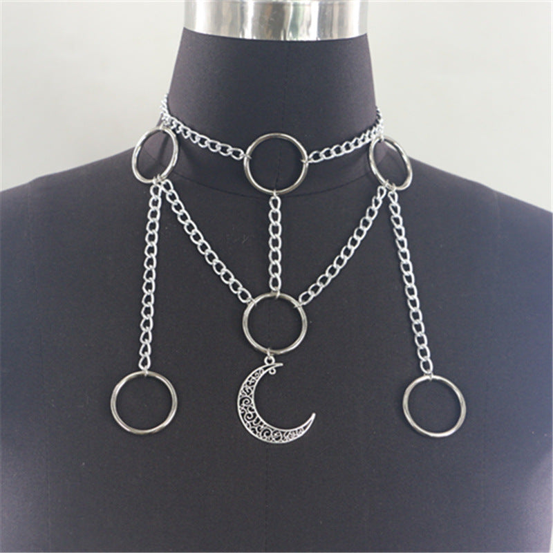 2025 MW2885 2025 necklace fashion alloy hollow crescent small ring pendant metal chain necklace neck jewelry