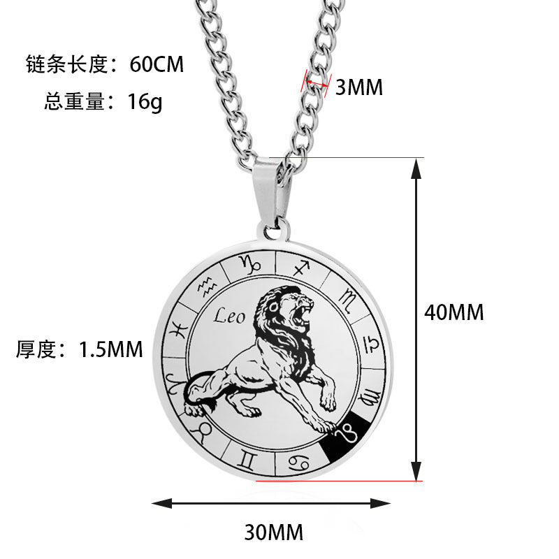 vakkv 12 Constellation Pendant Necklace Men's Titanium Steel Power Style Personalized Leo Turntable Couple's Stainless Steel Necklace