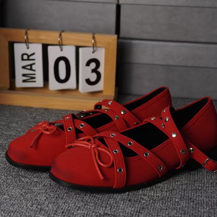 2025 Sheepskin version~ red bow small single shoes women's 2025 spring and summer leather retro shallow mouth rivet ballet flats