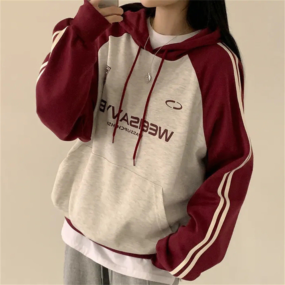 VAKKV Manufacturer 2025n retro Korean version hooded sweater jacket women's spring and autumn oversize thin splicing velvet top