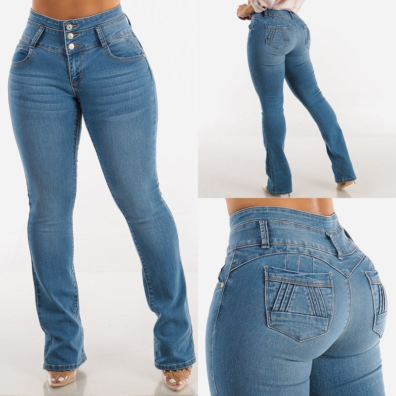 VAKKV Europe, America, cross-border 2025 spring new hip-lifting elastic jeans women's sexy thin high-waisted micro-pull pants