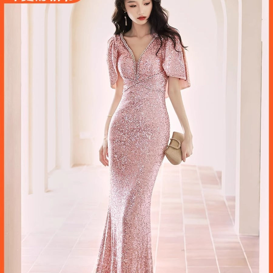 VAKKV Champagne Gold Evening Dress plus Size Sequined Short Sleeve Host Conductor Birthday Bridesmaid Dress Piano Playing Fishtail Dress