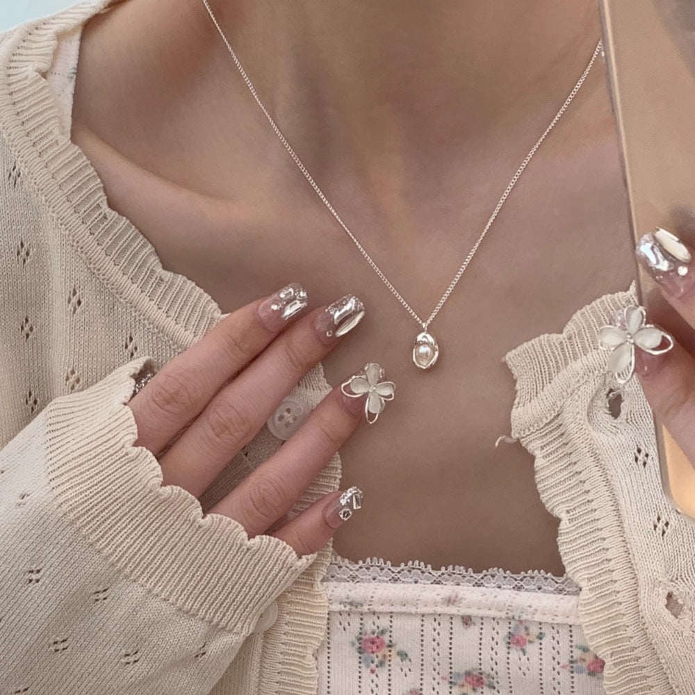 S925 Sterling Silver Natural Freshwater Pearl Pod Necklace Women's Simple Niche Temperament Exquisite Clavicle Chain Entry Lux Elegant