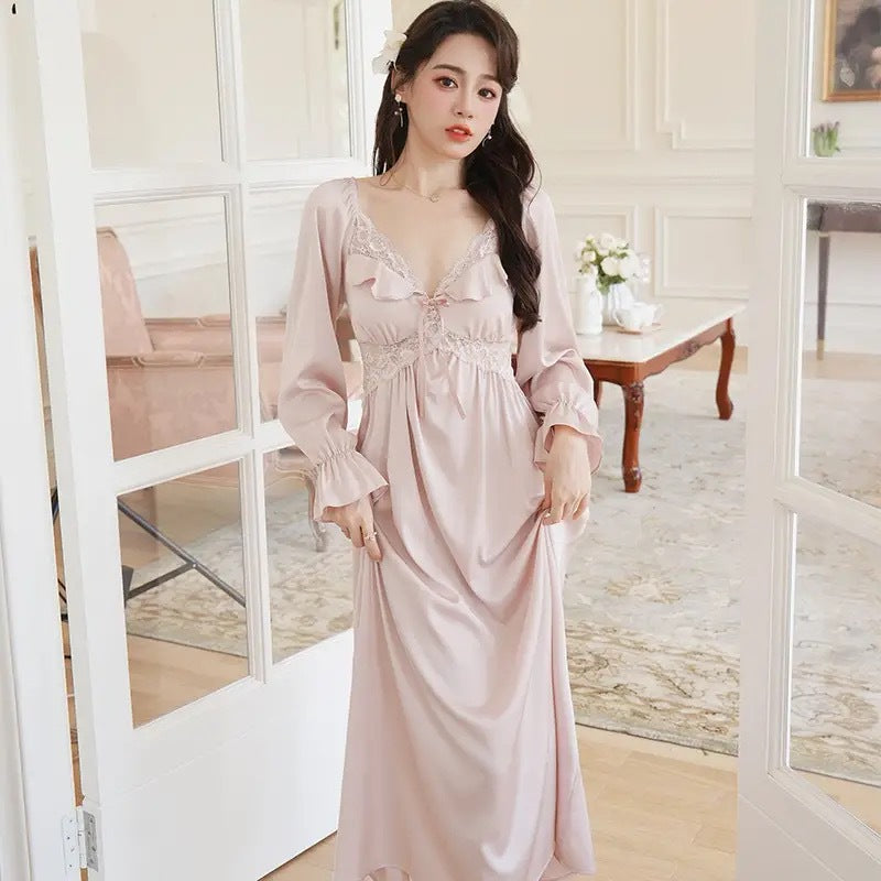 2025 spring and summer pure desire new retro pajamas homewear women's ice silk long-sleeved long skirt nightdress court style machine skirt