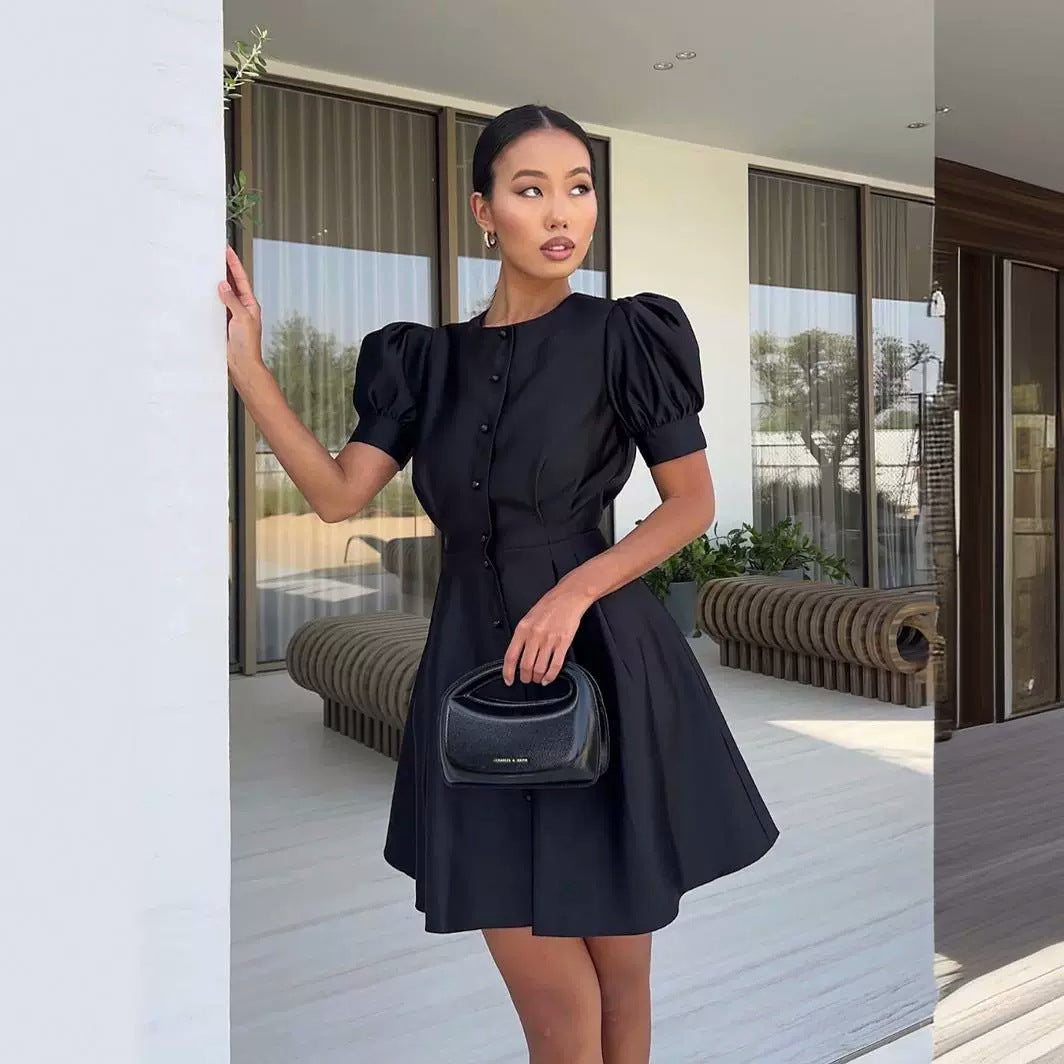 INS European and American cross-border round neck puff sleeves short sleeves pleated waist pearl buckle A-line midi dress dress women