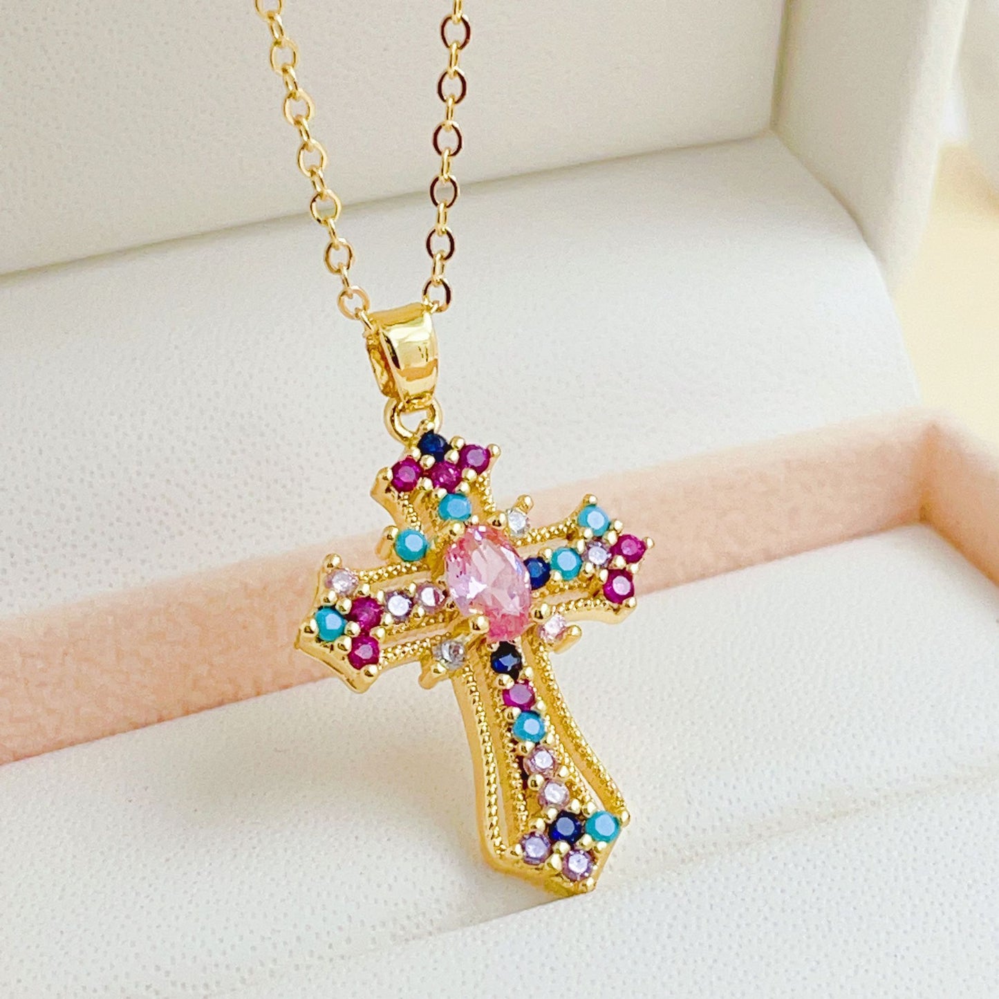 INS Vintage Gold Cross Necklace Personalized Pendant Zircon European and American Style Necklace Special-Interest Design Titanium Steel Clavicle Chain