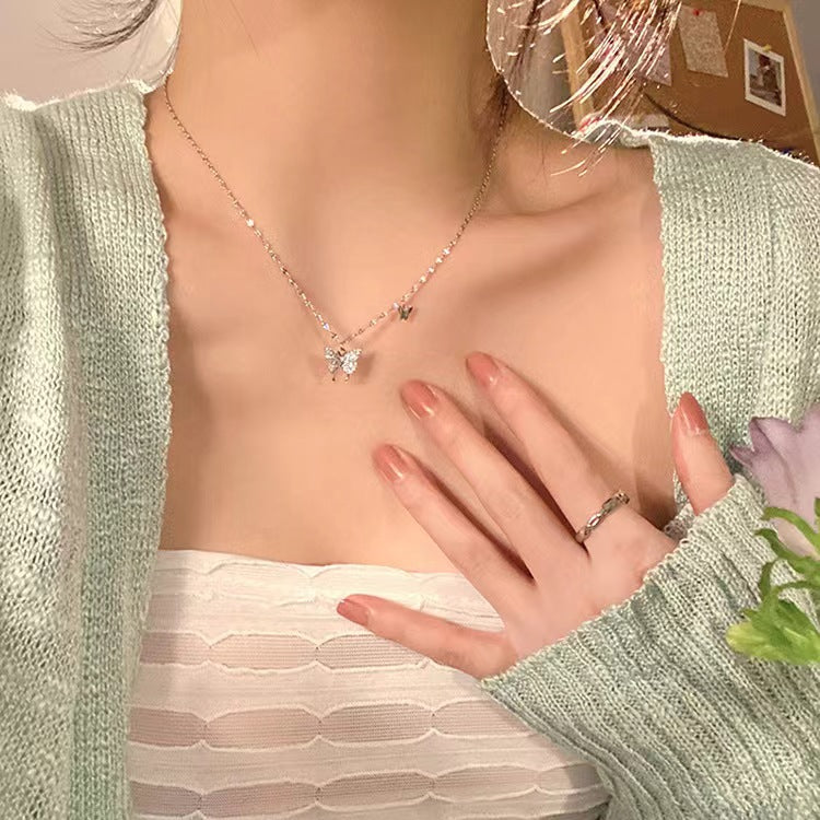 S925 Silver Light Luxury Necklace Versatile Trendy Clavicle Chain Female Butterfly Simple Niche High Sense Elegant Sweater Chain Ornament