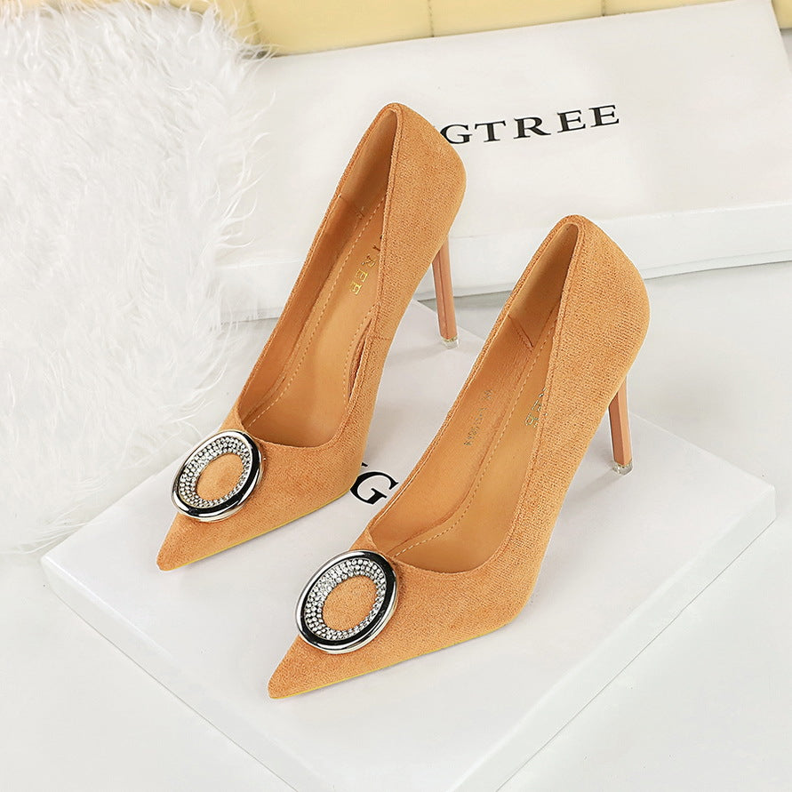 VAKKV 2025 9511-K61 banquet women's shoes pedicure and thin super high heel suede shallow mouth pointed metal rhinestone buckle single shoes high heel