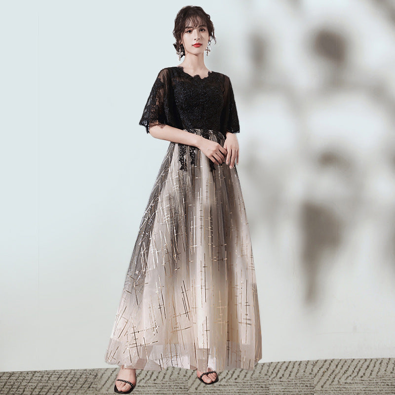 VAKKV Annual Party Evening Dress Women's New Banquet Daily Style Hepburn Wind Black Vocal Music Art Test Host Dress