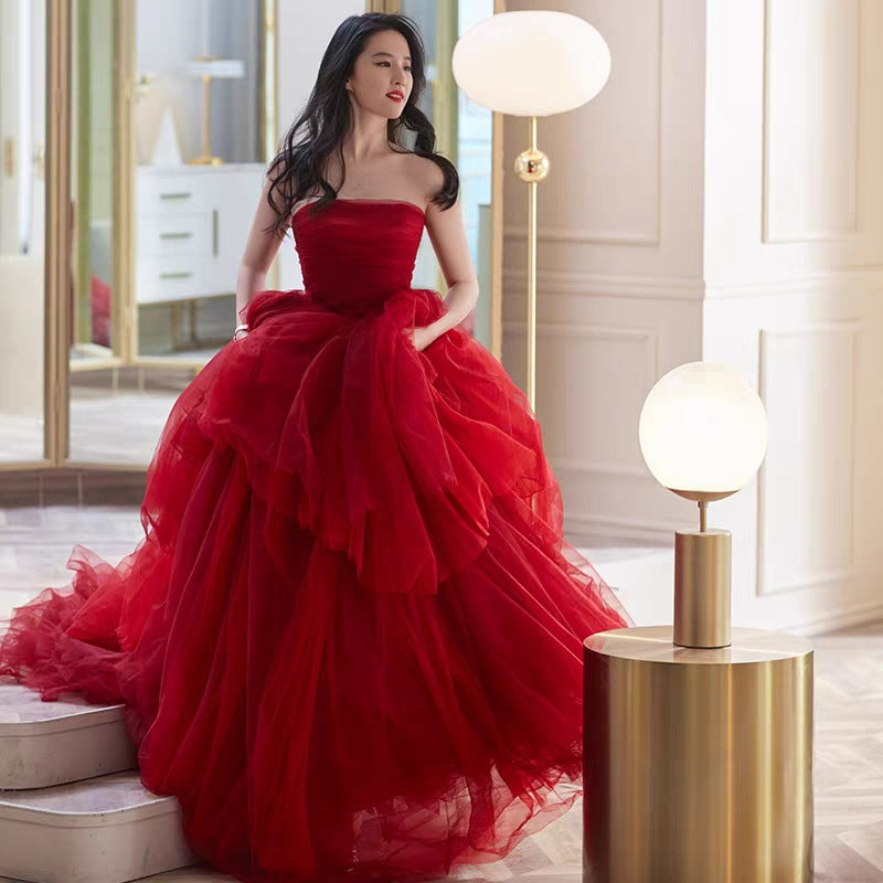 VAKKV Wedding Bride New High-End Affordable Luxury Liu Yifei Star Same Style Host Evening Dress Trip Shoot Dress