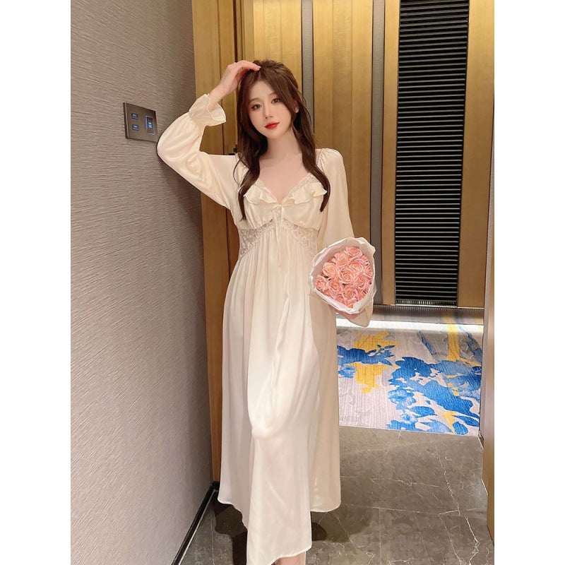 2025 Spring and Autumn Very Fairy Pajamas Women's Sweet Ice Ribbon Chest Pad Lace Sexy Princess Style Pajamas Long Sleeve Loungewear