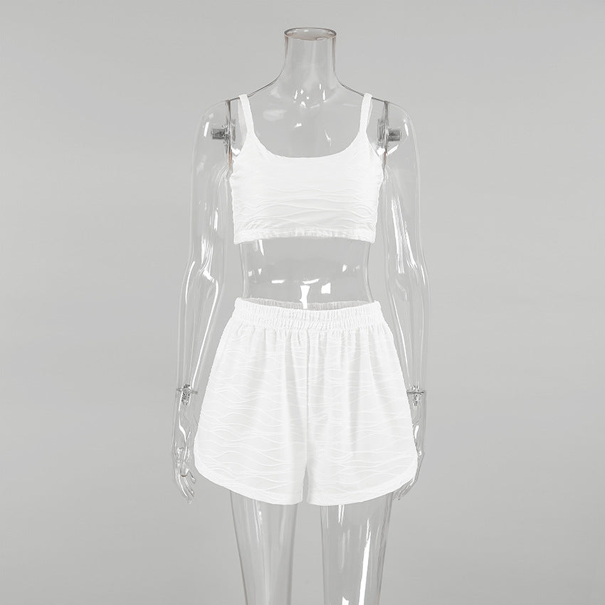 VAKKV 2025 Popular trade new pajamas suspender striped suspender shorts two-piece set knitted plain cloth summer women's loungewear