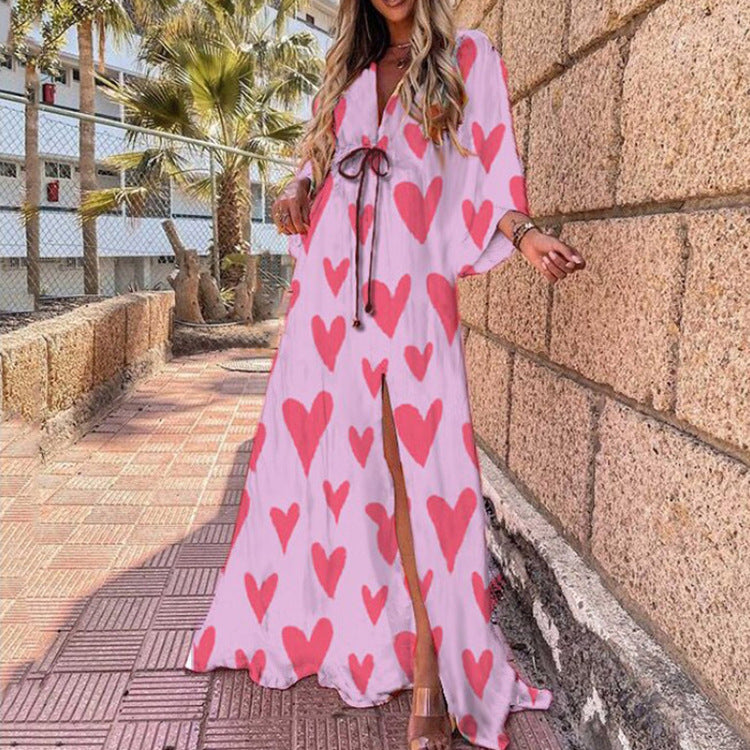 Hot Trade European and American Women's Clothing 2024 Summer New Fashion Printing Loose Lace-up Elegant Big Hem Dress