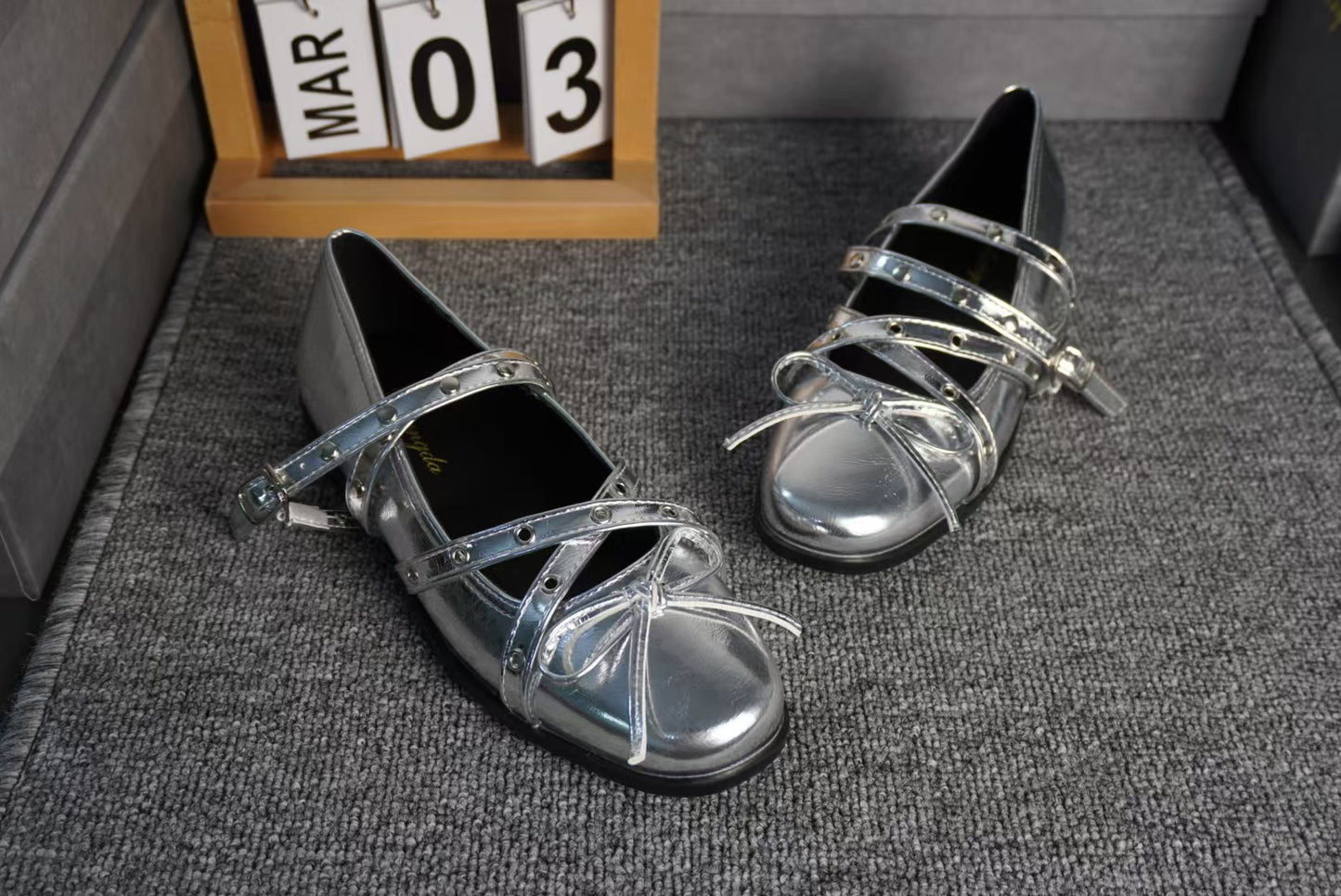 2025 Sheepskin version~ red bow small single shoes women's 2025 spring and summer leather retro shallow mouth rivet ballet flats