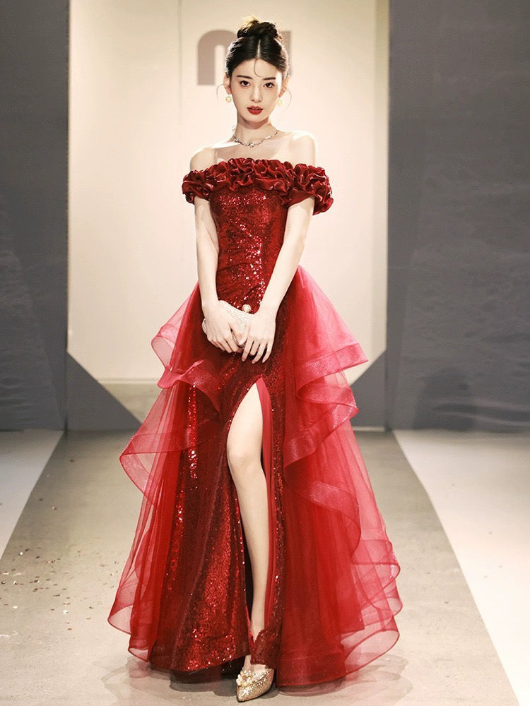VAKKV Black off-Shoulder Evening Dress New Light Luxury Sequined High Sense Banquet Host Art Exam Annual Meeting Dress