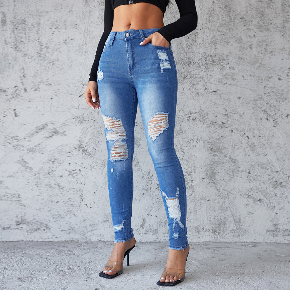 VAKKV 2025 New ripped jeans women's popular spring and summer new slim-fitting hip-lifting pants high-waisted spot