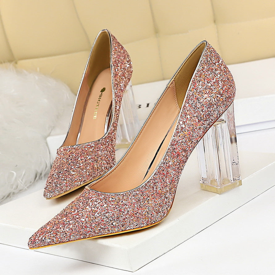 2025 9217-1 fashion transparent crystal heel thick heel high heel light mouth pointed head sexy nightclub shining sequined single shoes