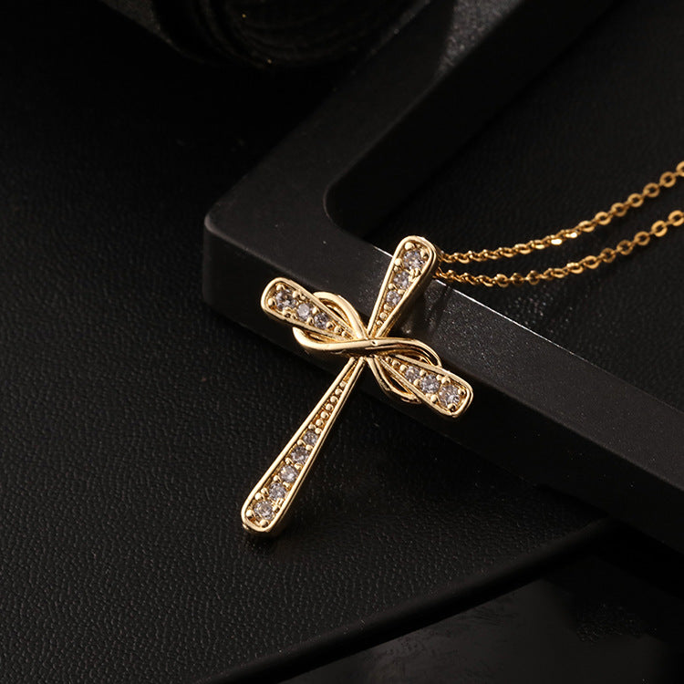 INS Vintage Gold Cross Necklace Personalized Pendant Zircon European and American Style Necklace Special-Interest Design Titanium Steel Clavicle Chain