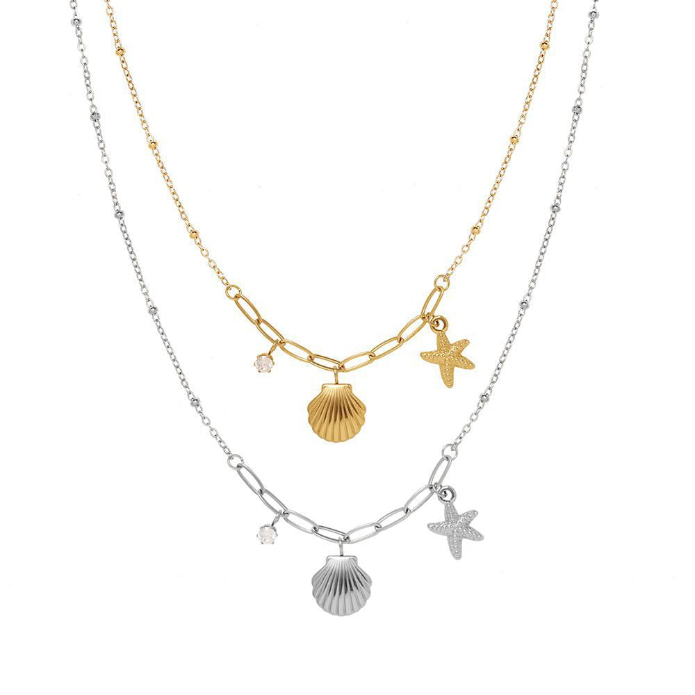 VAKKV Cross Border Ocean Style Mid-Ancient Shell Necklace Starfish Pearl Necklace Plated 18K Gold Color Protection