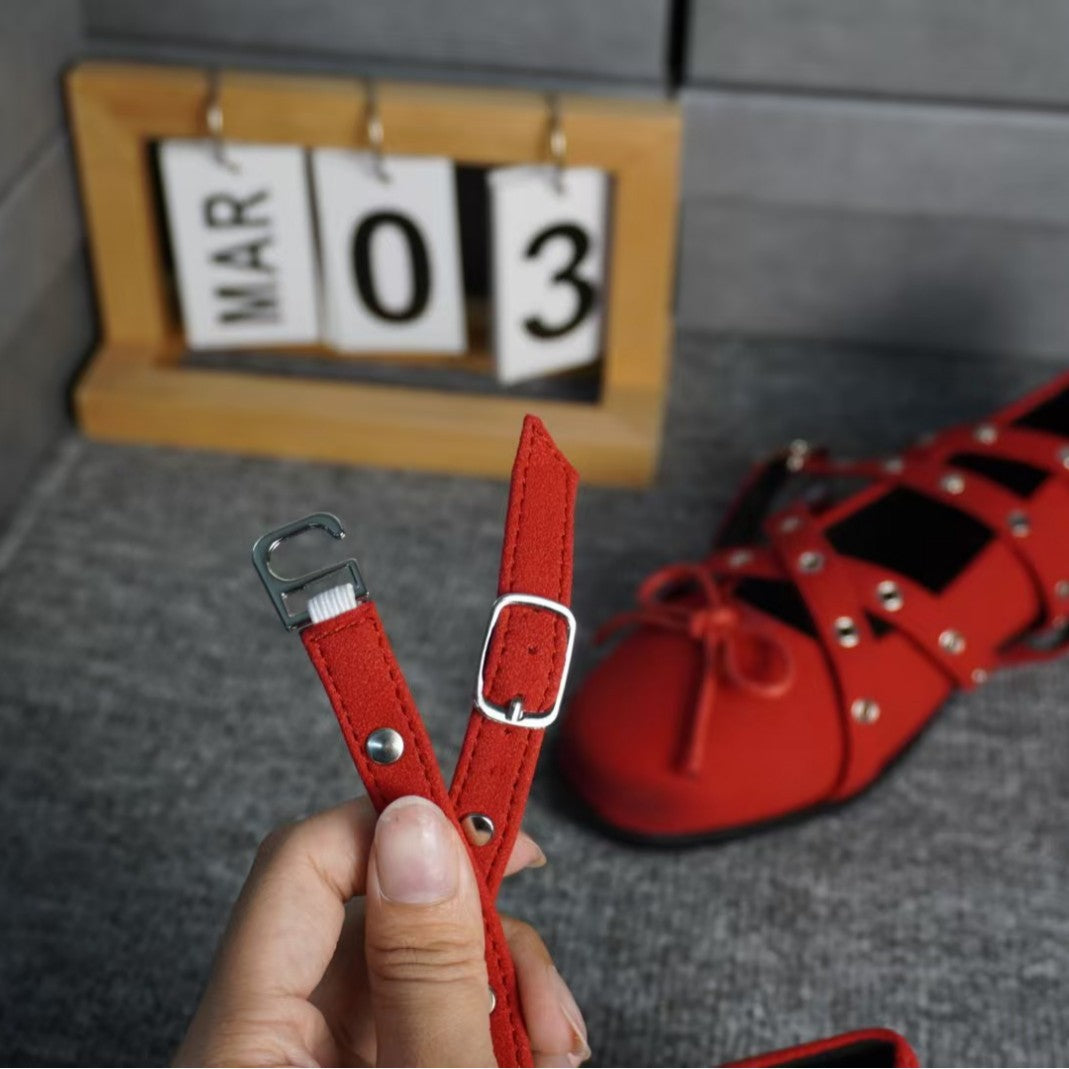 2025 Sheepskin version~ red bow small single shoes women's 2025 spring and summer leather retro shallow mouth rivet ballet flats