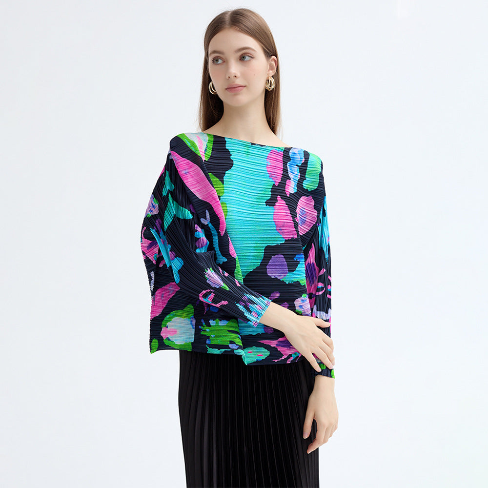 spring new space element design simple loose long-sleeved top women's print pleated T-shirt women's outside